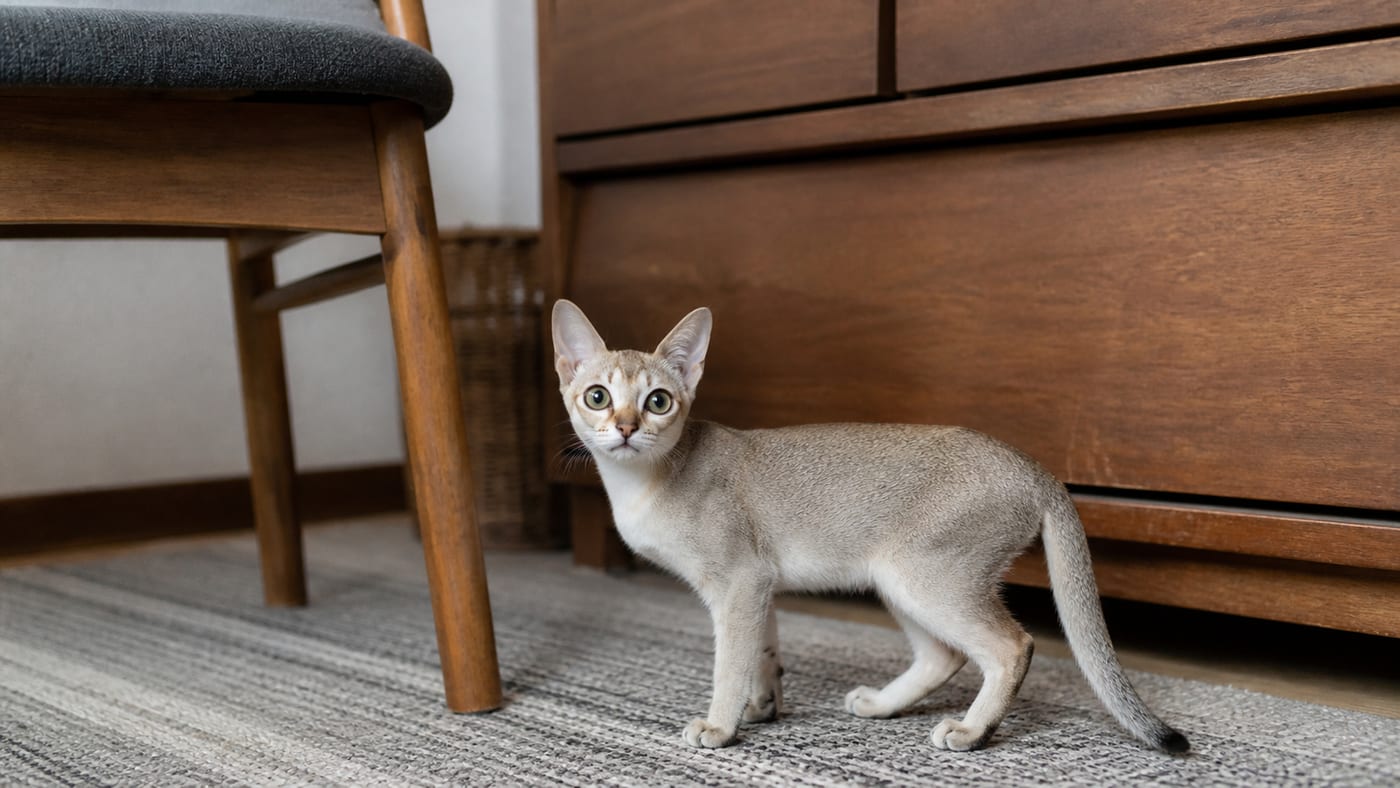 椅子の脚のそばに立つシンガプーラ。家具と比べて体の小ささが分かる