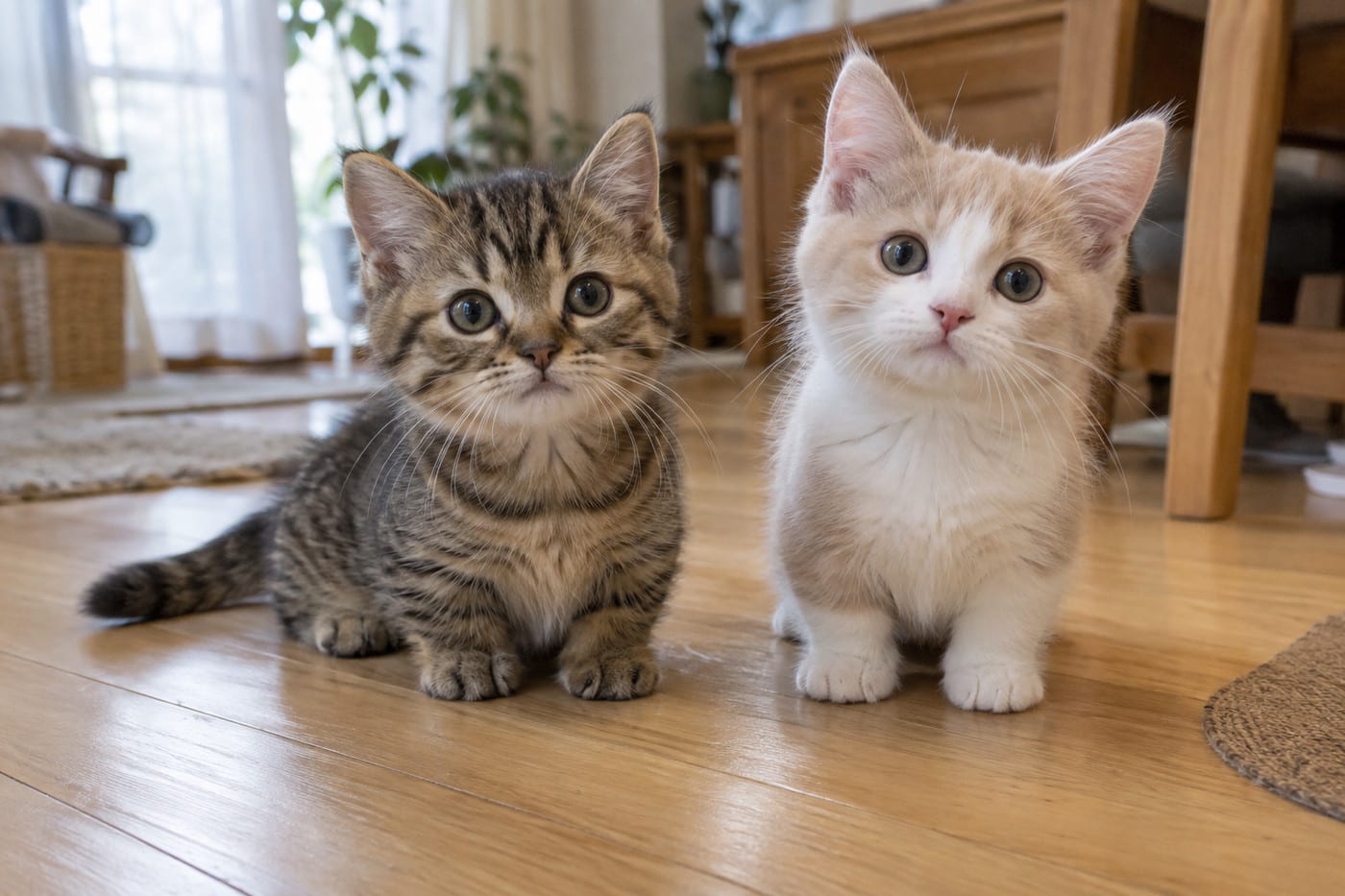 足の短い、毛色の違うマンチカンの子猫2頭が、並んでこちらを見ている