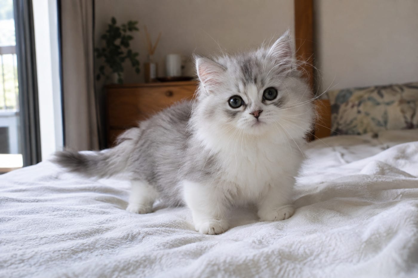丸い顔の長毛のミヌエットの子猫が、白いブランケットの上からこちらを見ている
