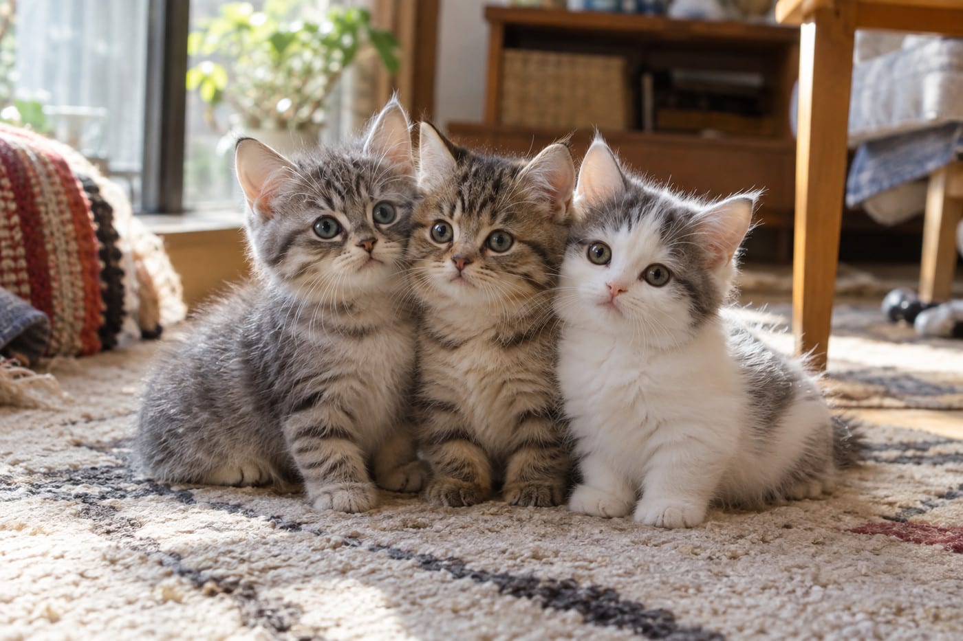 縞の柄や白い毛の、足の短いマンチカンの子猫が寄り添って座っている