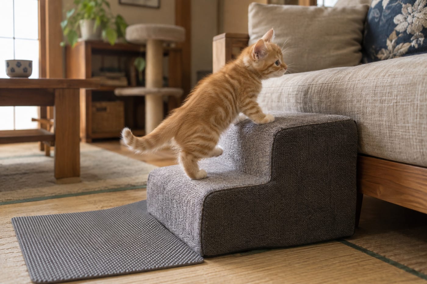 低い段をのぼってソファに乗ろうとする、足の短いマンチカンの子猫。足元に滑りにくいマットが敷いてある