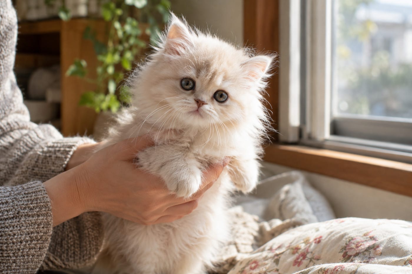 ブリーダーの手に支えられたミヌエットの子猫が、窓辺からこちらを見ている