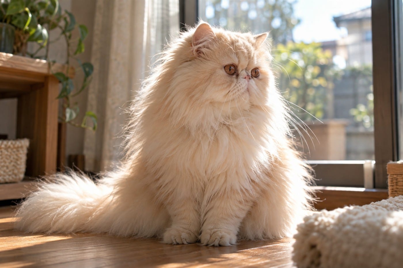 窓辺で顔を少し横に向け、クリーム色の長い毛が光に透けているペルシャの成猫