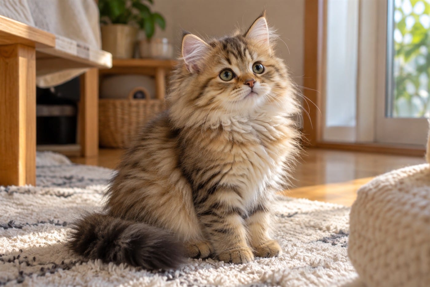 首まわりの毛がふさふさと広がっているサイベリアンの子猫