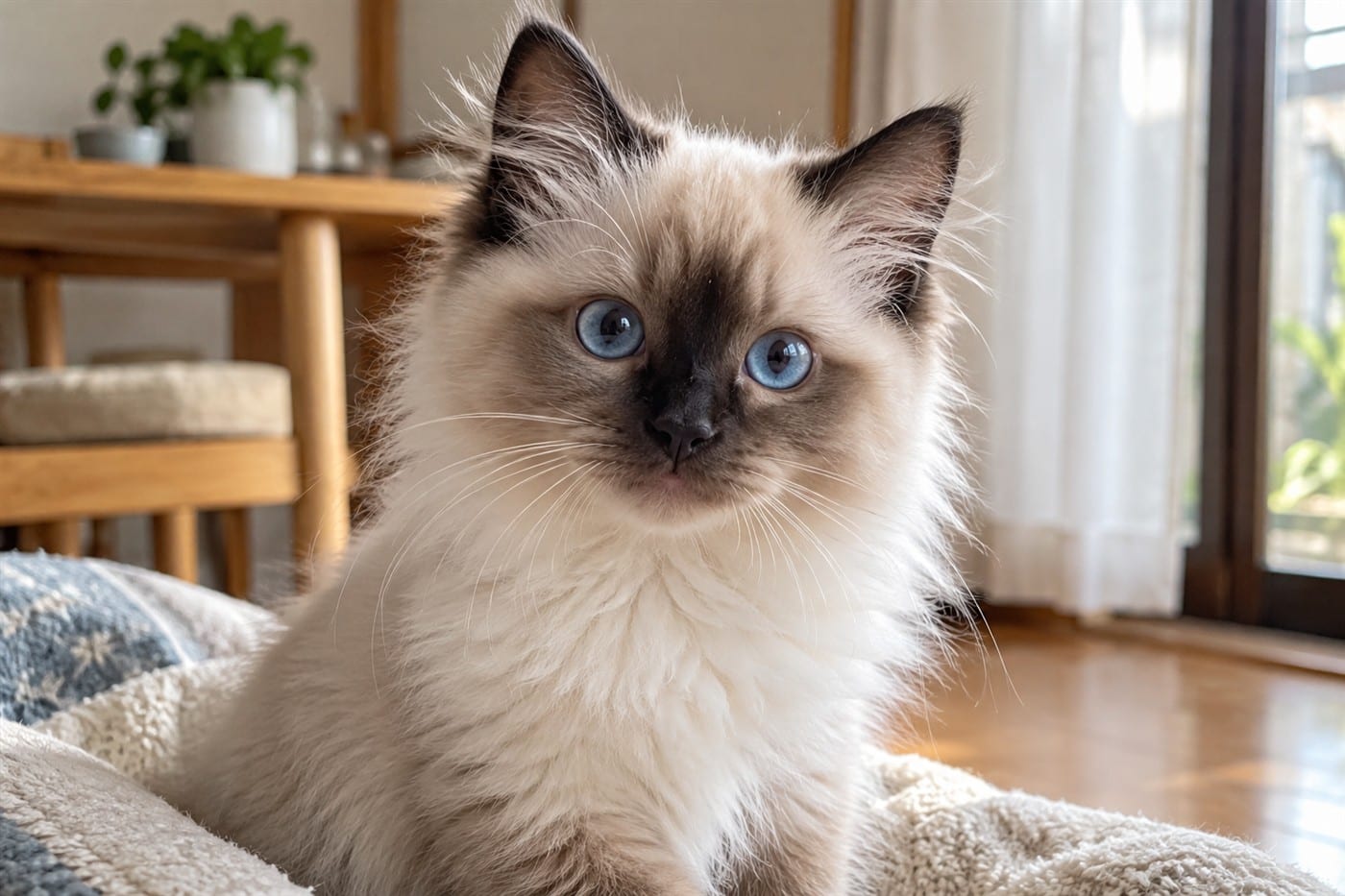 正面を向いて大きな青い目でこちらを見ているラグドールの子猫