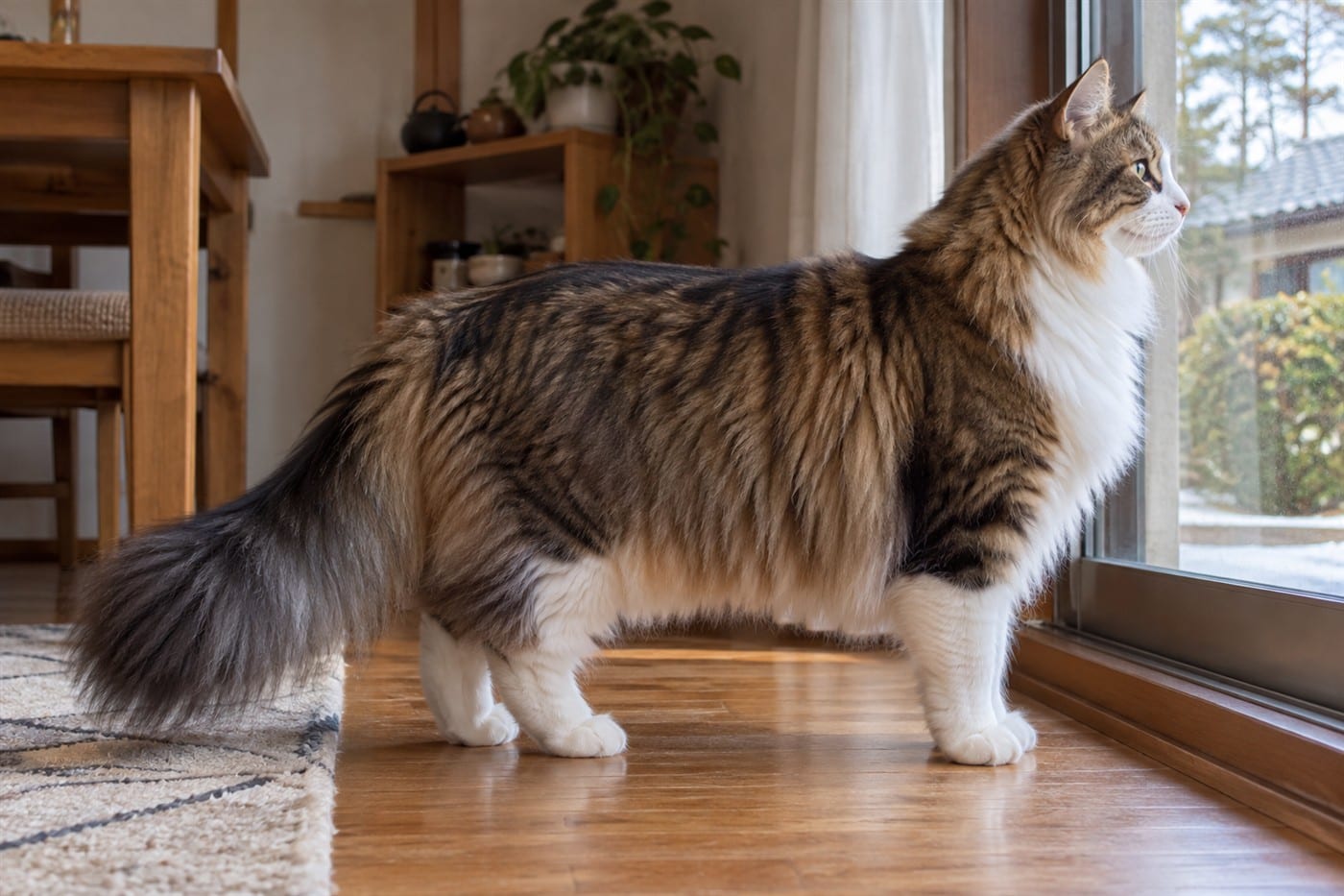 横向きに立って窓の外を見る、キジ白のノルウェージャンフォレストキャットの成猫。長い胴とふさふさのしっぽが分かる
