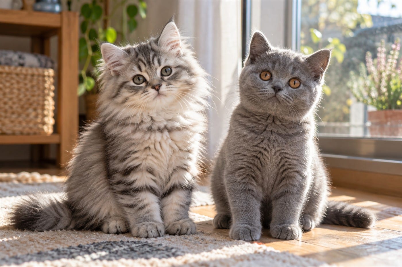 窓辺に並んで座る、シルバーの縞のサイベリアンの子猫と、ブルーのブリティッシュショートヘアの子猫