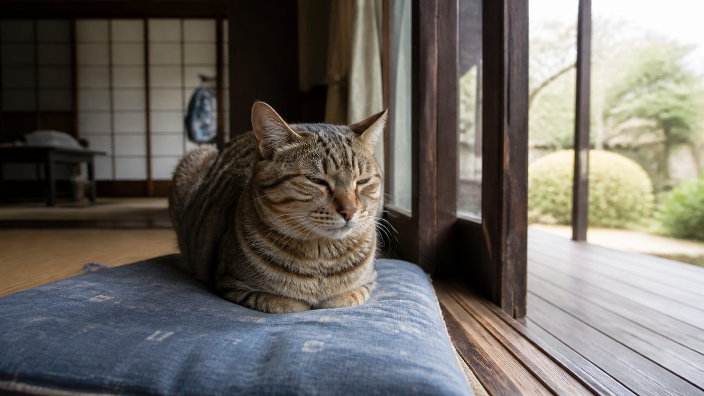 縁側に面した和室の座布団の上で目を細めてくつろぐキジトラの猫